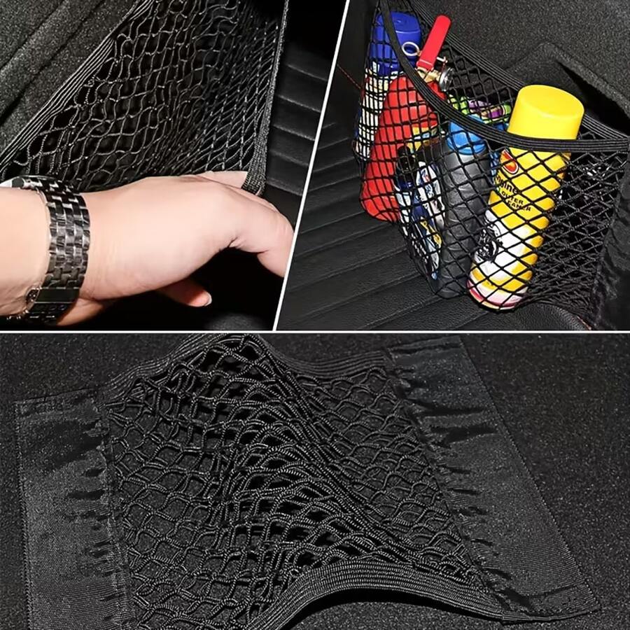 1 buah Tas Penyimpanan Belakang Jok Mobil, Jaring Bagasi Belakang dengan Tali Elastis dan Pengait/Perekat, Kantong Penyimpanan Mobil Universal, Organizer Kendaraan, Jaring yang Dapat Diperluas, Aksesori Otomotif - Hitam - View 1