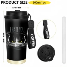 1個/5個 500ml 黑色暴躁貓旅行杯，雙層不鏽鋼保溫杯，憤怒貓文字圖案印花設計，附印有 COFFEE 字樣掛繩的便攜咖啡杯，適合日常通勤 - 黑色-討厭你 - 查看 4