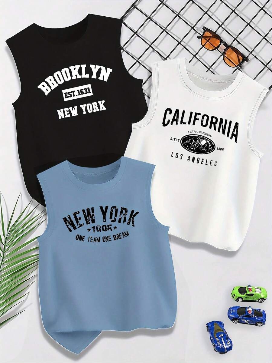 SU ER 3 PiecesMen's Summer Round Neck Simple Print Casual Fashion Tank Tops, Suitable For Fitness And Daily Wear - Multicolor - View 1