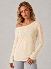 Never me Women's Sport Top Side Ruched Lightweight Loose Breathable Pilates Long Sleeve T-Shirt Comfortable Daily Workout Yoga Wear Reversible - White - View 5