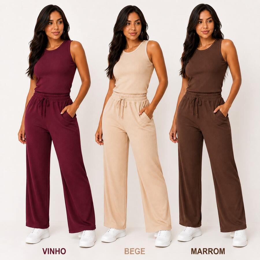 Set Of 3 Wide Leg Pants With Pockets + Women's Plus Size Tank Top - Wine + Beige + Brown - View 1