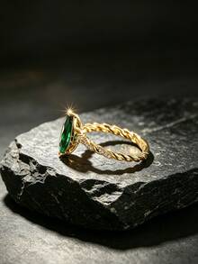 Copper Plated 18K Gold Marquise Green Cubic Zirconia Twisted Rope Open Ring For Women, Vintage Emerald Green Braided Design With White Diamond Inlay, Adjustable Finger Ring, French Luxury Palace Style Jewelry, Suitable For Commute, Evening Party, Date, Valentine's Day Gift For Girlfriend, Non-Fading Colorful Jewelry - Gold - View 3