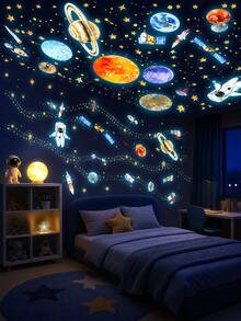Glow In The Dark Outer Space Planet Wall Stickers, Astronaut Rocket Satellite Star Wall Decals, Removable Self-Adhesive Wall Decor, Suitable For Boys Bedroom, Ceiling Decoration - Multicolor - View 2