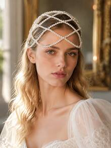 Aksesori Rambut Jala Mutiara Retro Elegan, Rantai Rambut Peri Abad Pertengahan, Hiasan Kepala untuk Pesta Pernikahan dan Fotografi Pengantin - Putih - View 9