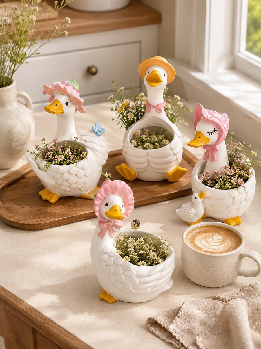 Farmhouse Style Duck Planter, Single White Resin Goose Shaped Flower Pot With Hand-Painted Hat And Bow Details, Playful Succulent Plant Container, Suitable For Kitchen Countertop, Shelf, Patio And Spring Home Decor - Multiple Styles - View 1