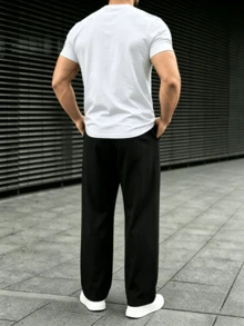 1套男士寬鬆休閒運動T恤與直筒長褲，純色條紋，適合戶外、通勤、度假、運動、健身、慢跑、徒步、訓練 - 白色 - 查看 2