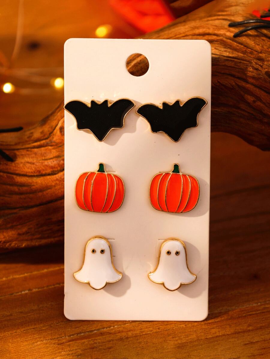 3 Pairs/Set Halloween Horror Metal Orange Pumpkin, Bat, Ghost, White Ghost Earrings, Sweet Unique Holiday Women's Jewelry - Multicolor - View 1