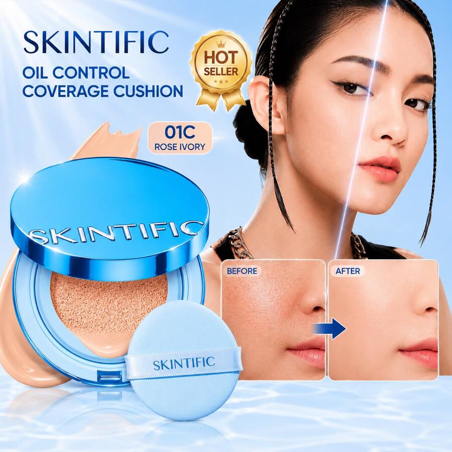 SKINTIFIC 絲絨霧面氣墊粉底液 藍色，全遮瑕，12小時控油，適合油性與混合肌，防水，持久，輕盈，保濕，不脫色 | 01C 玫瑰象牙色