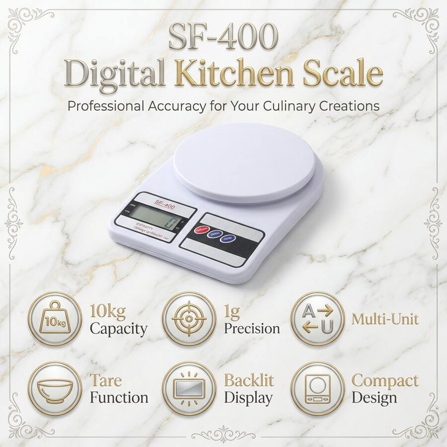 SOKANY 精準 10000g-1g 數位廚房秤 - 附 LCD 顯示螢幕，使用 AAA 電池供電，ABS 材質製成。採用懸掛式設計方便放置，底座附吸盤增加穩定性，適合居家與辦公室使用