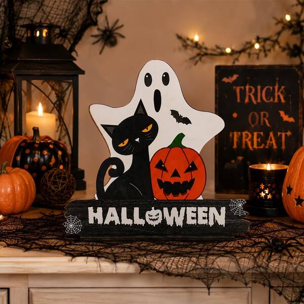 1pc Ghost Black Cat Wooden Halloween Tabletop Decor, Cute Pumpkin Sign With Wooden Base, Suitable For Farmhouse Style Halloween Decoration