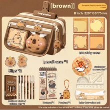 8pcs/128pcs/226pcs Capybara Pattern Multi-Layer Pencil Case Set, Includes Capybara Printed Pens And Erasers Complete Stationery Supplies, Practical Patterned Stationery Supplies, Daily Use Stationery Series - Brown - View 14