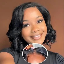 Glueless Body Wave Wigs Human Hair Pre Plucked Pre Cut 4X4 Lace Closure Bob Wigs Brazilian Hair 180 Density Put On And Go Wavy Bob Human Hair Wigs For Beginners Friendly - Natural Black - View 2