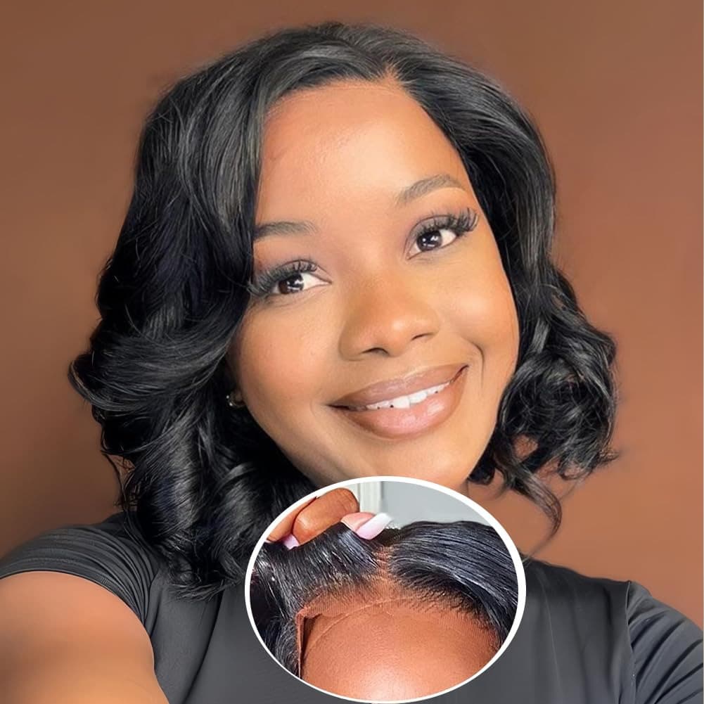 Glueless Body Wave Wigs Human Hair Pre Plucked Pre Cut 4X4 Lace Closure Bob Wigs Brazilian Hair 180 Density Put On And Go Wavy Bob Human Hair Wigs For Beginners Friendly