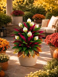 3pcs Set Autumn Red & White Contrast Artificial Plants, Realistic Faux Autumn Greenery, Decorative Artificial Shrub, Suitable For Outdoor Garden Patio Porch Yard, Indoor Living Room Bedroom Hotel Home Decor, Thanksgiving Harvest Seasonal Decoration - Multicolor - View 8