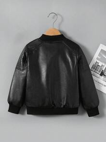 Toddler Black Zipper Collar Ribbed Cuff Street Cool Multi-Function Motorcycle PU Leather Loose Jacket - Black - View 2