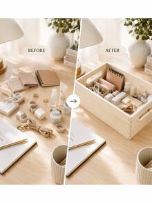 1pc Minimalist Natural Wood INS Style Rectangular Open-Top Storage Box, Light Wood Color, No Pattern, Hollow Side Handles, Mortise And Tenon Joint, No Lid, Smooth Polished Edges, Desktop Organizer For Stationery And Skincare, Cabinet Storage, Portable Hand-Carry, Multi-Scene Use, Stackable, Easy Access, Clutter Organization - Multicolor - View 4