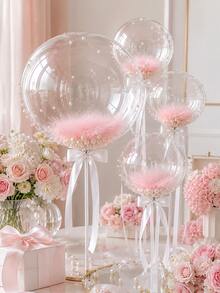 1/6pcs 20-Inch Clear Bubble Balloon Feather Pearl Combination Set, Includes Bubble Balloons, Feathers, Pearls And Ribbons, Suitable For Wedding Bridal Party, Birthday Party, Reunion Party And Ballroom Party Background Decoration Party Balloon Set - Pink - View 8
