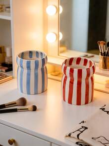 1pc Striped Ceramic Makeup Brush Holder, Cute Wavy Edge Makeup Brush Storage Cup, Multi-Color Vanity Desktop Organizer, Decorative Pen Holder, Home Bathroom Vanity Decor Storage Container - Multicolor - View 10