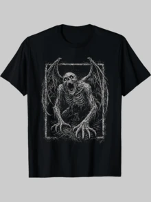 Camiseta de Arte Gótico Alternativo con Temas de Demonios, Zombis, Esqueletos y Terror, Moderna, a la Moda, Cómoda, Camiseta con Estampado Único - Negro - Ver 1