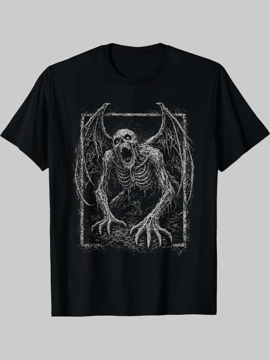 Camiseta de Arte Gótico Alternativo con Temas de Demonios, Zombis, Esqueletos y Terror, Moderna, a la Moda, Cómoda, Camiseta con Estampado Único - Negro - Ver 1