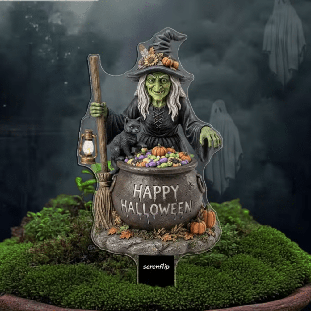 2D Flat, [2D Flat] 1pc SERENFLIP 1pc Suitable For Outdoor/Witch, Cat, Cauldron With "Happy Halloween" Text - Flat Acrylic Stake With Pointed Base, For Lawn, Patio, Yard Decoration - Rustic Farmhouse Decor, 2D Flat