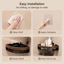 1pc No-Drill 2-Tier Bathroom Corner Shelf, Wall-Mounted With Hooks Shower Storage Rack, Waterproof Self-Adhesive Shampoo Soap Toothbrush Organizer, Large Capacity Space-Saving Storage Rack, Wood Grain Black Bathroom Kitchen Corner Shelf - Multicolor - View 10
