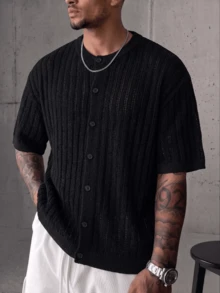 Spring/Summer Men's Unisex Casual Loose Minimalist Solid Color Ribbed Vintage Versatile Commute Fashion Lazy Knit Top Round Neck Button Front Cardigan Sweater Short Sleeve Jacket Black - Black - View 2