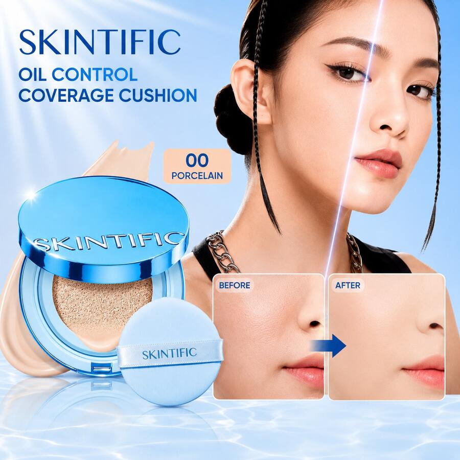 SKINTIFIC 絲絨霧面氣墊粉底液 藍色，全遮瑕，12小時控油，適合油性與混合性肌膚，防水，持久，輕盈，保濕，不脫色 | 00 PORCELAIN
