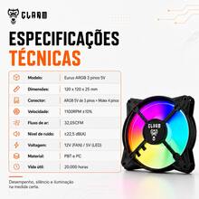 Cooler Fan ARGB 3Pinos 5V 120mm Clanm Eurus RGB Gamer Silencioso Alta Performance Air Cooler para PC Gamer Ventoinha 12cn para Gabinete - Visão 4