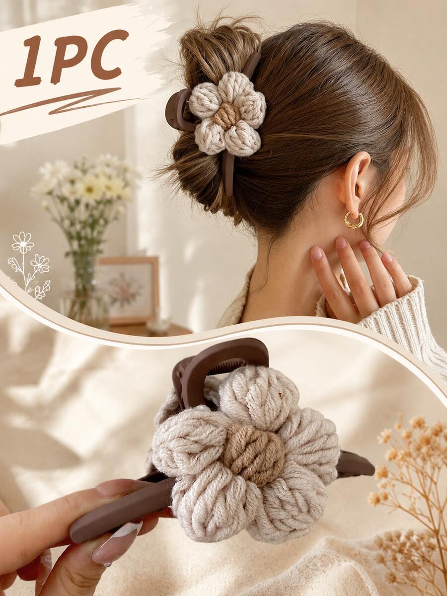topshiny Large Knitted Flower Hair Claw Clip For Women, Elegant Floral Shark Hair Clip, Cozy Bun Hair Accessory