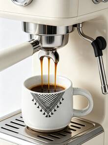 Farmhouse Style Spotted Ceramic Mug, Black Tassel Woven Geometric Triangle Print Coffee Cup, Neutral Minimalist Kitchen Tableware Gift - Multicolor - View 3