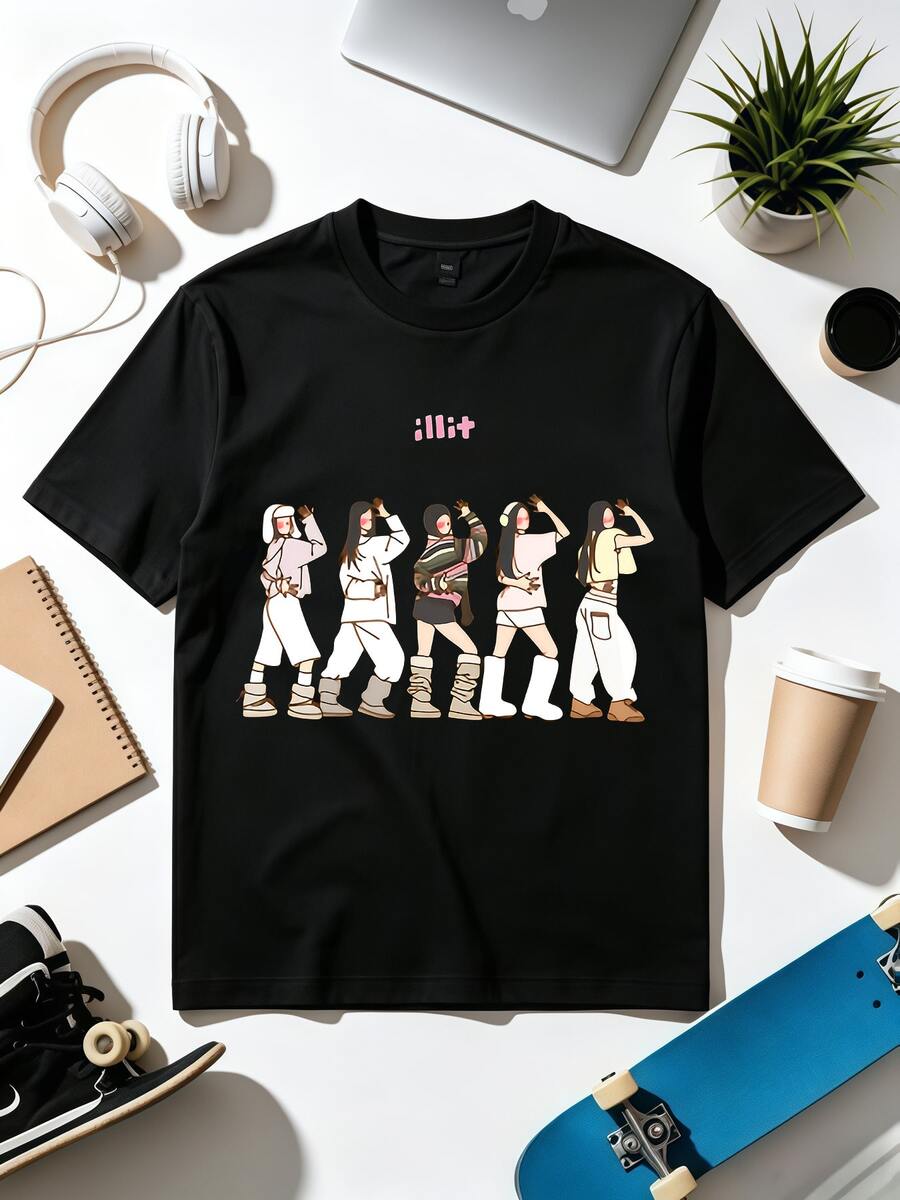 ILLITs Cute Chibi Dance Stage Cartoon Minimalist Streetwear T-Shirt. - Black - View 1