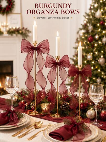 1 Packung 5/10 Stücke burgunderrote transparente Organza-Weihnachtsschleifen, langschwänzige weinrote Banddekorationen für Kerzenhalter, Weihnachtsbaum, Kranz, Tischdekoration, Geschenkverpackung, Feiertagsparty & Vintage-Heimdekoration