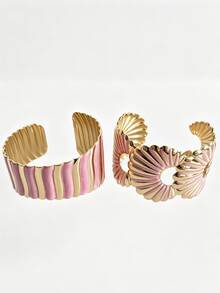 Women 2Pcs Stackable Bracelets Sets High Street Fashion Wide Ribbon Shape Stainless Steel Cuff Bangle Chunky Open Cuff Adjustable Wrist Jewelry Hot - Gold - View 14