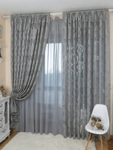 1pc Floral-Patterned Sheer Curtains; Lightweight, Gray Semi-Blackout Curtains; Decorative Curtains Suitable For Living Rooms And Bedrooms - Grey - View 2