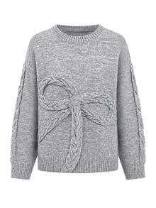 Women's Cozy Knit Bow Detail Sweater Soft Gray Long Sleeve Pullover For Fall Daily Wear - Grey - View 8
