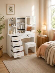 White Vanity Desk With LED Mirror & Hidden Storage Stool, 5 Drawers, Lockable Storage, Open Shelves, 3 Adjustable Light Modes, Bedroom Makeup Table For Teen Girls - White - View 2