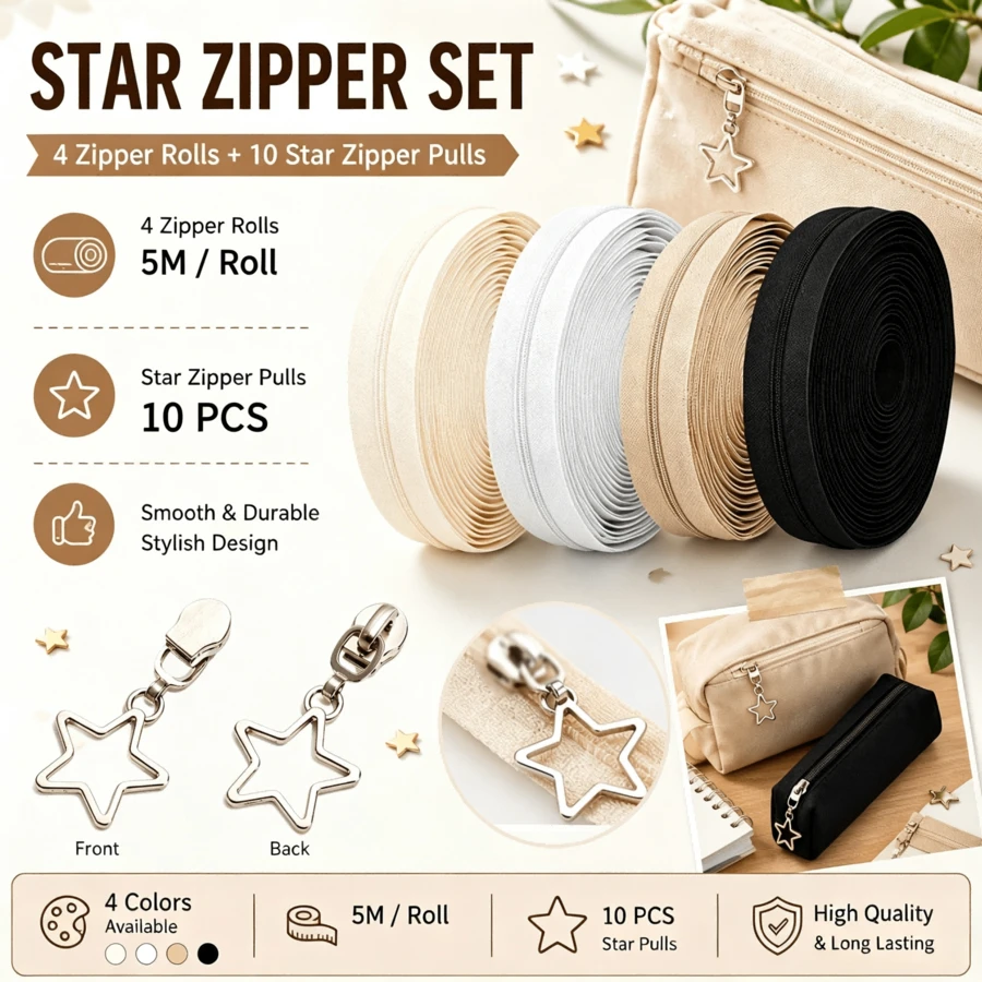 5米 #3 尼龍拉鍊附10個星形金屬拉頭,DIY手工包包錢包皮夾縫製配件,替換拉鍊,現貨 - F-米色 - 查看 1