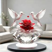 1pc Romantic Hummingbird & Rose Acrylic Desktop Ornament, 2D Flat Crystal Base Design, Atmospheric Home Living Room Bedroom Decor - A - View 4