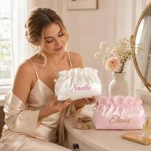 1pc Personalized Embroidered Ruffle Cloud Makeup Bag, Customized Bridesmaid Toiletry Bag, Travel Toiletry Bag, Bridesmaid Gift - Multicolor - View 3