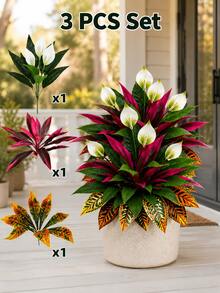 3pcs Set Autumn Red & White Contrast Artificial Plants, Realistic Faux Autumn Greenery, Decorative Artificial Shrub, Suitable For Outdoor Garden Patio Porch Yard, Indoor Living Room Bedroom Hotel Home Decor, Thanksgiving Harvest Seasonal Decoration - Multicolor - View 5