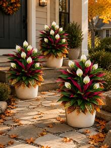 3pcs Set Autumn Red & White Contrast Artificial Plants, Realistic Faux Autumn Greenery, Decorative Artificial Shrub, Suitable For Outdoor Garden Patio Porch Yard, Indoor Living Room Bedroom Hotel Home Decor, Thanksgiving Harvest Seasonal Decoration - Multicolor - View 1