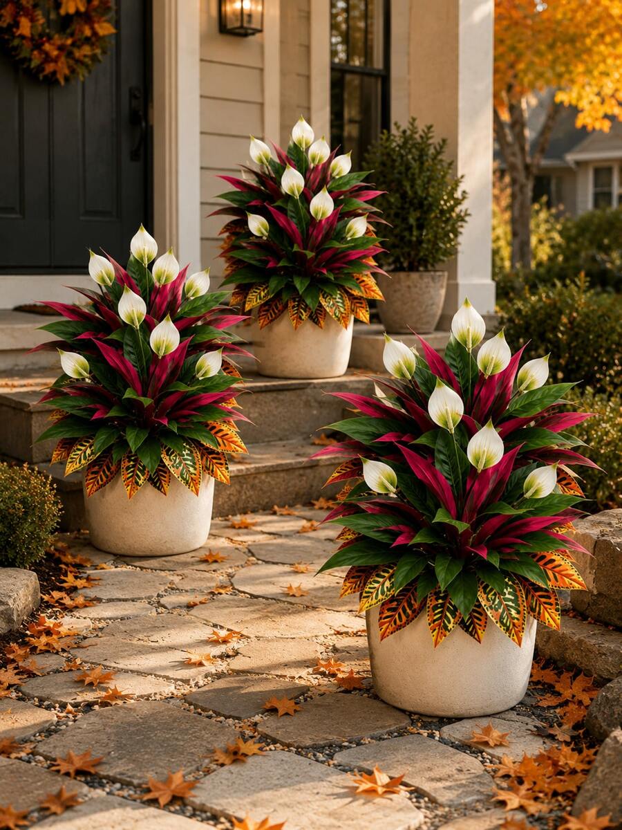 3pcs Set Autumn Red & White Contrast Artificial Plants, Realistic Faux Autumn Greenery, Decorative Artificial Shrub, Suitable For Outdoor Garden Patio Porch Yard, Indoor Living Room Bedroom Hotel Home Decor, Thanksgiving Harvest Seasonal Decoration - Multicolor - View 1
