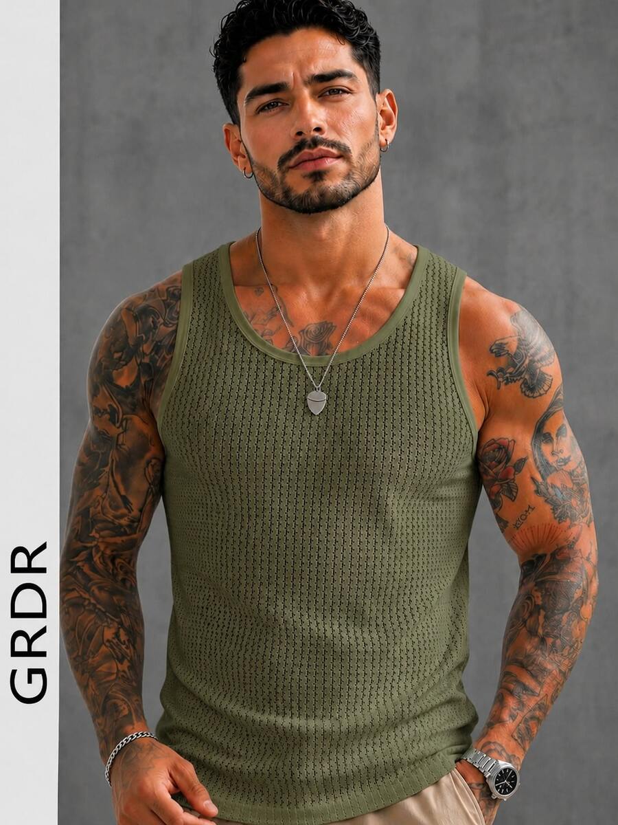 GRDR Men's Solid Color Hollow Mesh Tank Top Round Neck Sleeveless Shirt