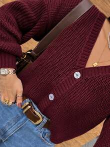 Casaco Feminino Inverno Cardigan Trico Premium Tricot Cropped Mangas Bufantes - Vinho - Visão 3