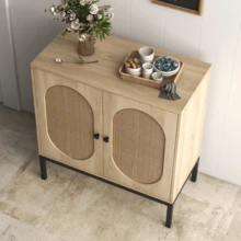 Mid Century Modern Rattan Buffet Storage Cabinet – Glass Doors, Adjustable Shelves, Wooden Sideboard Console For Entryway, Living Room, Kitchen, Or Hallway - White - View 3