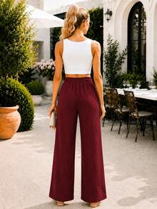 Women's Ribbed Waffle Wide Leg Pants With Elastic Drawstring Waist - High Waisted Summer Palazzos - Red - View 5