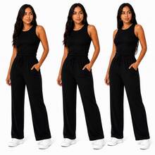 Set Of 3 Wide Leg Pants With Pockets + Women's Plus Size Tank Top - Black - View 9