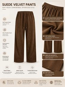 Autumn/Winter Green Suede Old Money Style Wide Leg Pants, Elastic Waist With Drawstring, Loose Drape Casual Pants, Slouchy Women's Long Pants Brown - Brown - View 6