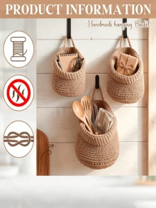 Multifunctional Handmade Woven Wall Hanging Basket, Crochet Wall Hanging Storage Bucket, Decorative Hanging Storage Rack. Apartment Wall Organization, Bathroom Toiletries Storage, Study Stationery Storage, Farmhouse Style Home Decor Display - Multicolor - View 4